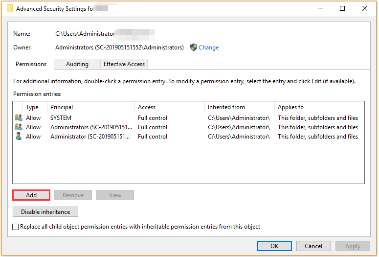 click Add in Advanced Security Settings window