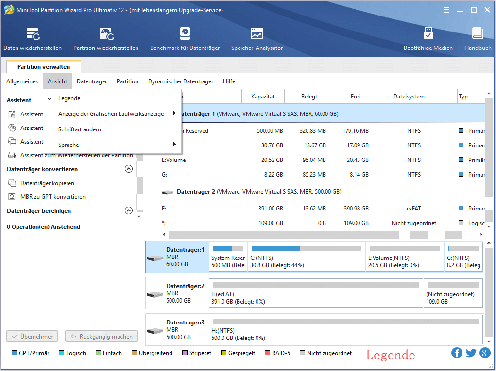 Symbolleiste, Legende, Aktionsbereich | MiniTool Partition Wizard Tutorium