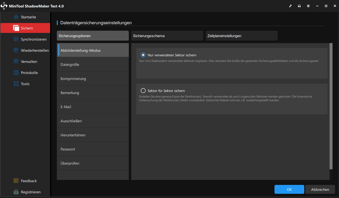 Sicherungseinstellungen (Optionen/Zeitplan/Schema) in MiniTool ShadowMaker