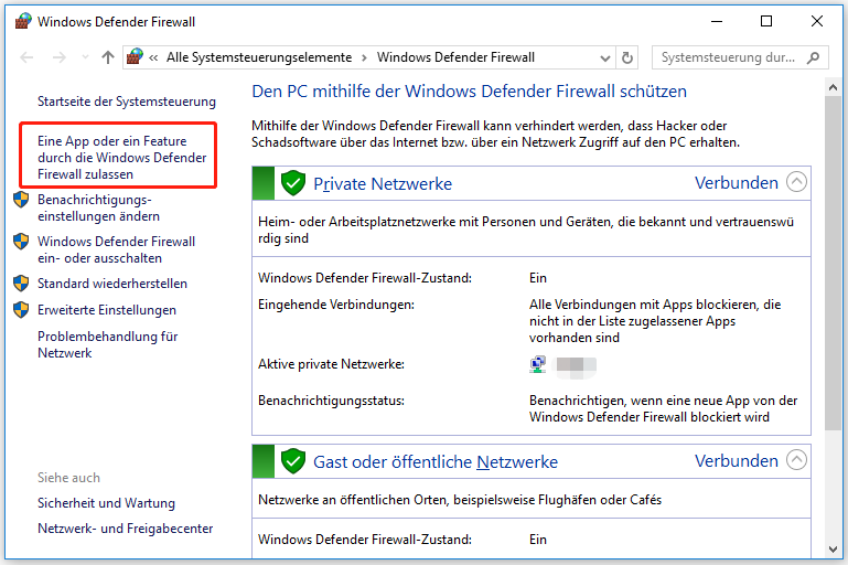 Eine App oder ein Feature durch die Windows Defender Firewall zulassen