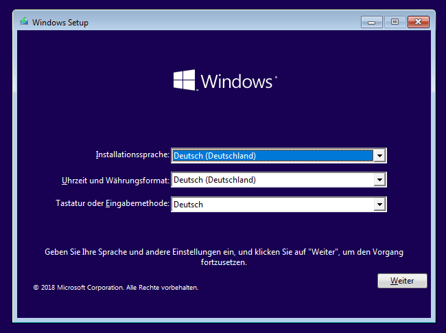 Startseite für Windows-Installation