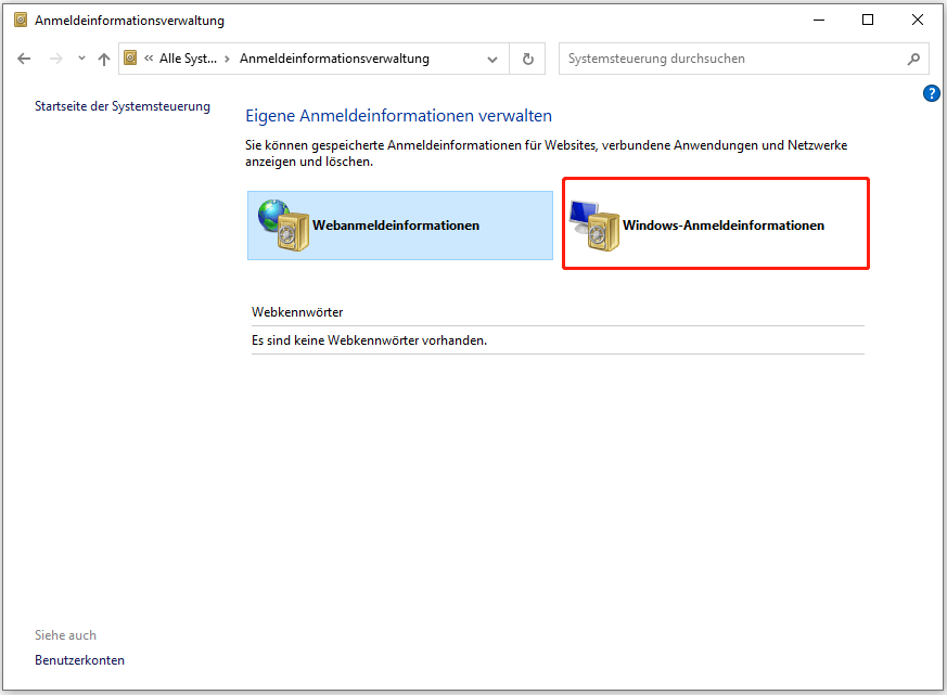 Klicken Sie auf die Windows-Anmeldeinformationen