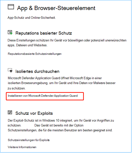 Klicken Sie auf den Link Microsoft Defender Application Guard installieren