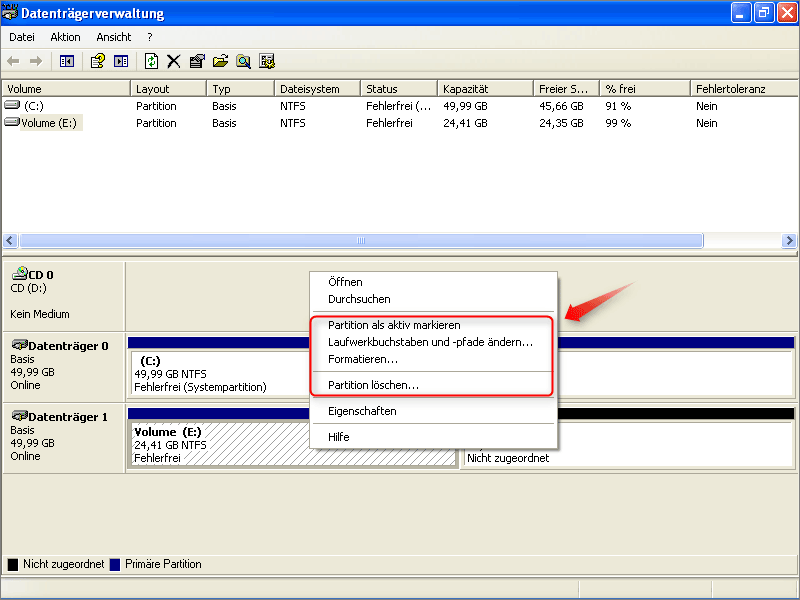 Datenträgerverwaltung in Windows XP