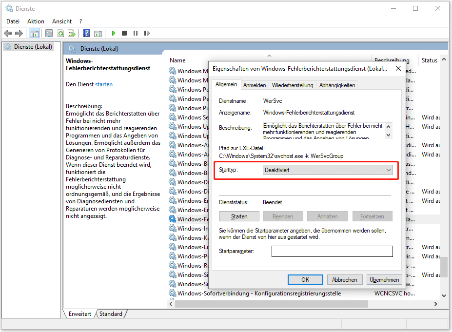 Windows-Fehlerberichtsdienst deaktivieren