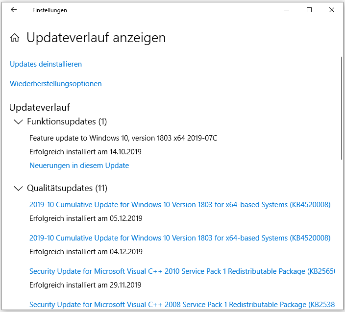 Das Update-Verlauf von Windows 10