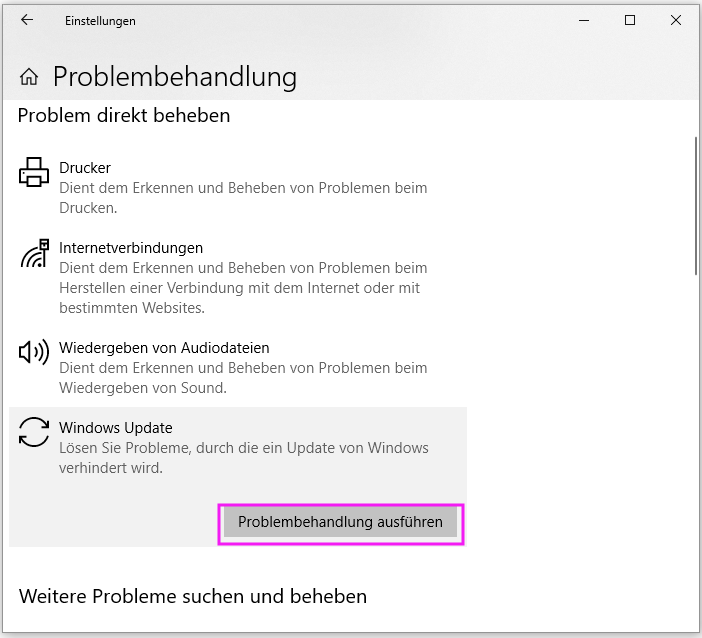 Problembehandeln unter Windows Update