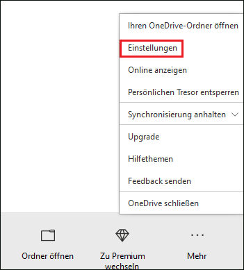 Wählen Sie die Option Einstellungen von OneDrive aus