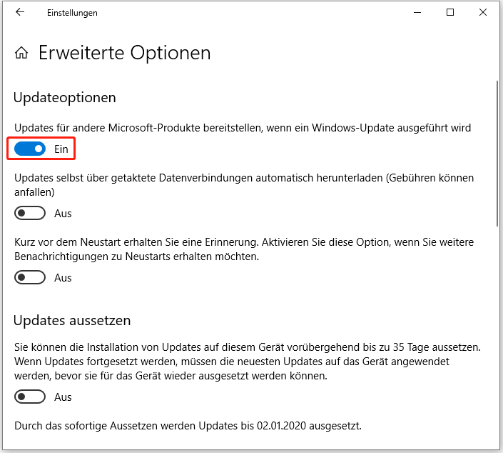 Erweiterte Optionen von Windows Update