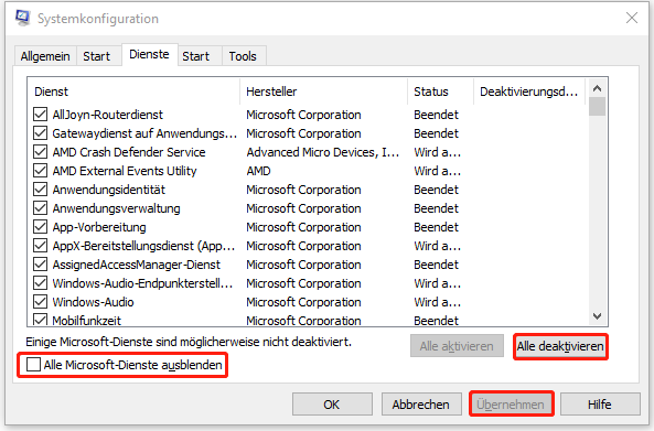 Alle Microsoft-Dienste ausblenden und die Änderungen speichern
