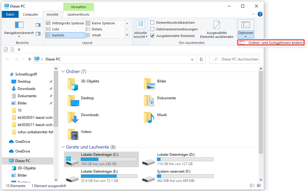 Wählen Sie Optionen im Datei-Explorer