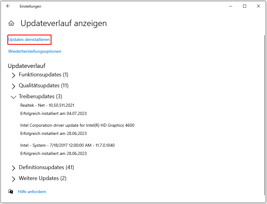 Windows 10-Updates deinstallieren