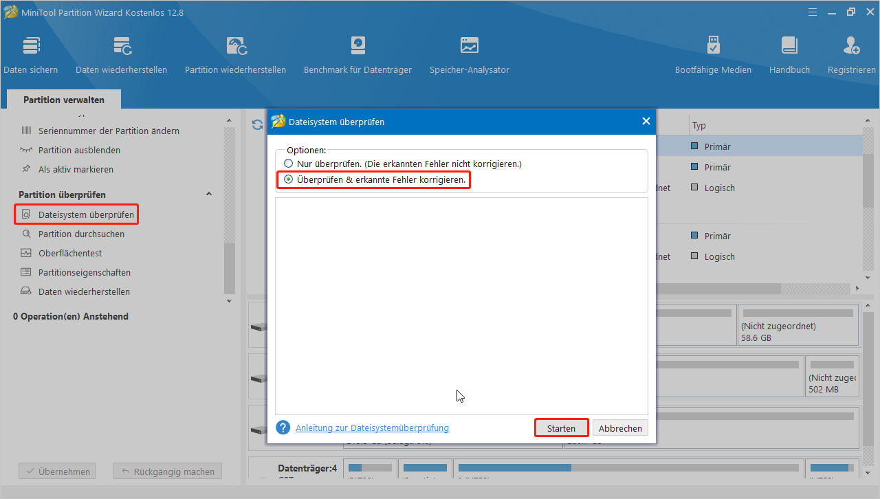 Dateisystem mit MIniTool Partition Wizard überprüfen