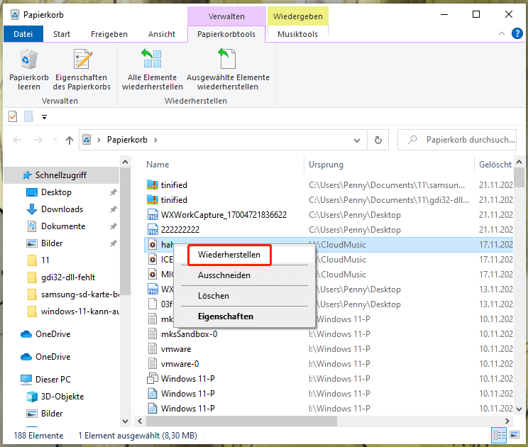 Wiederherstellen einer gelöschten Datei aus dem Papierkorb in Windows
