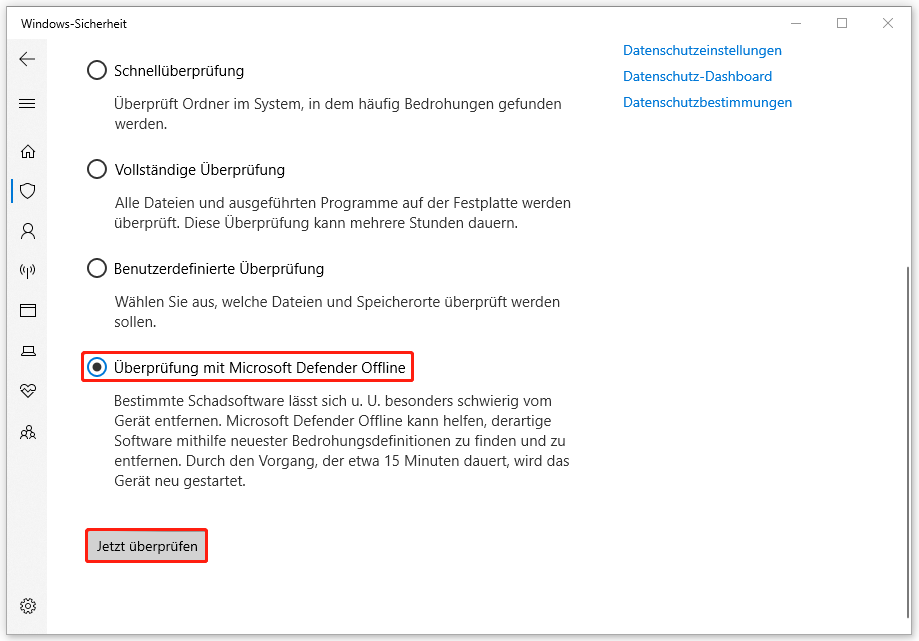 Überprüfung mit Microsoft Defender Offline