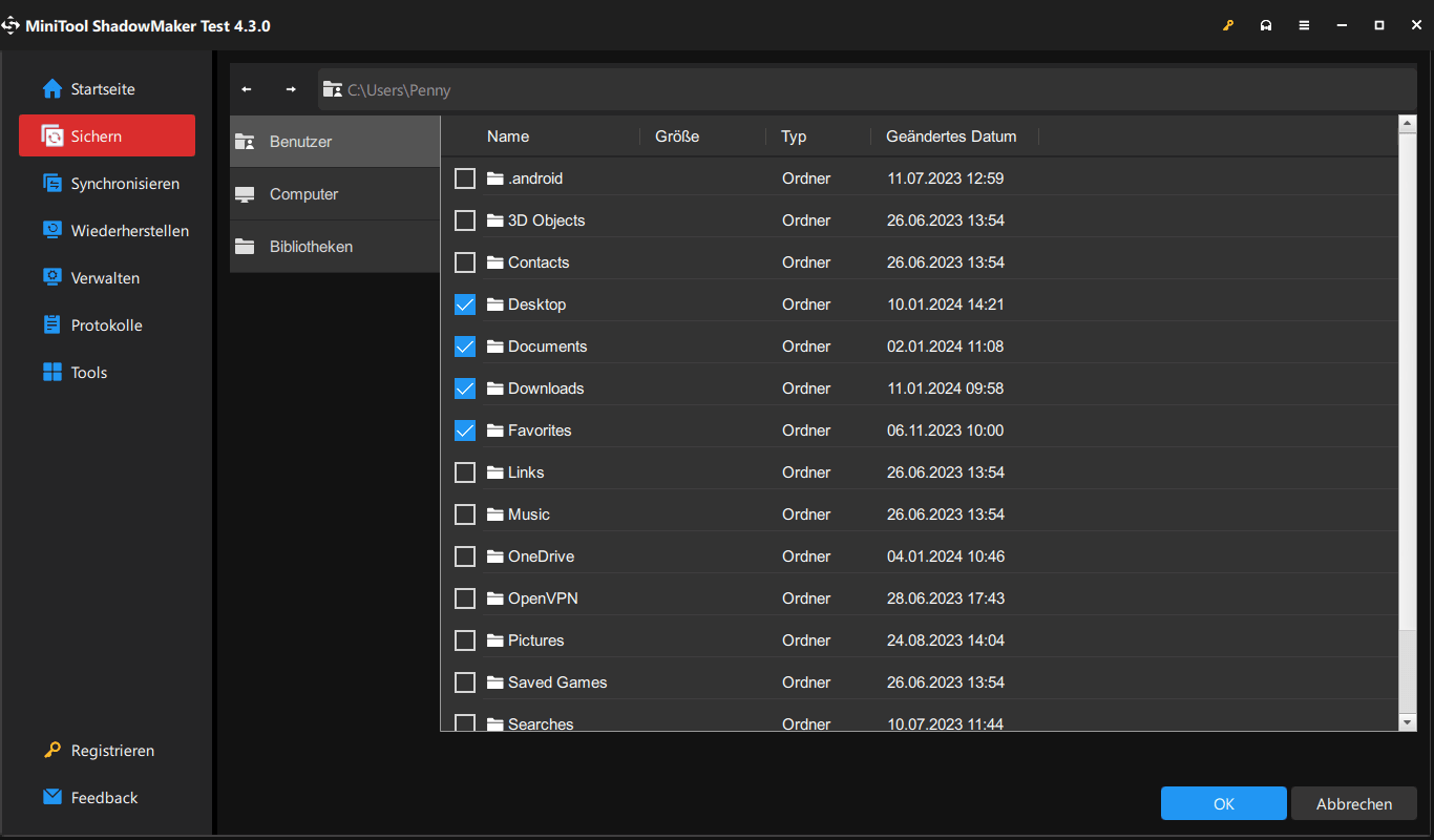 Dateien für die Sicherung auswählen