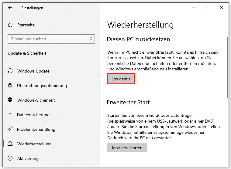 Windows 10 über Einstellungen zurücksetzen
