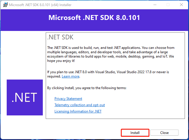.NET 8.0 installieren