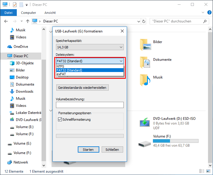 Formatierung durch Windows Explorer