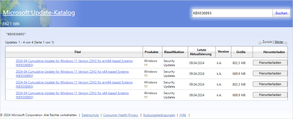 KB5036893 über den Microsoft Update-Katalog downloaden