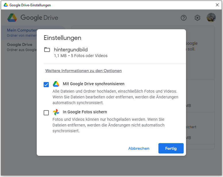 Synchronisierung mit Google Drive Option
