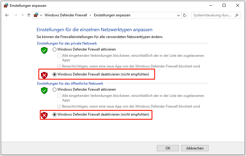 Windows Defender Firewall ausschalten