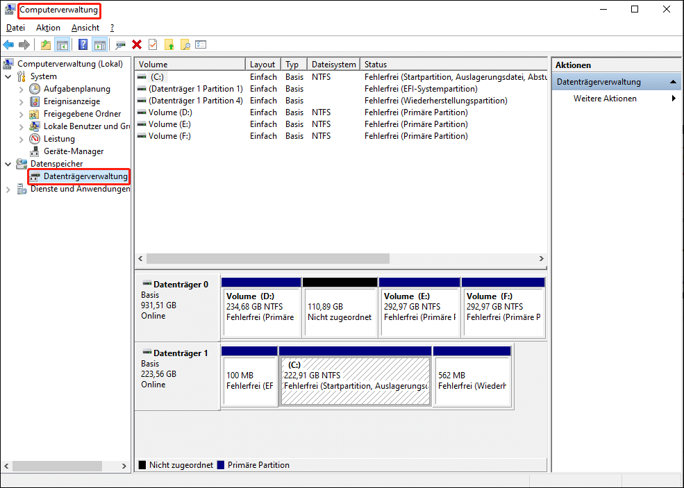 Datenträgerverwaltung im Fenster Computerverwaltung