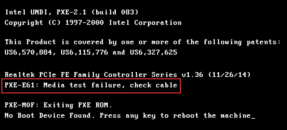 PXE-E61: Media Test Failure, Check Cable