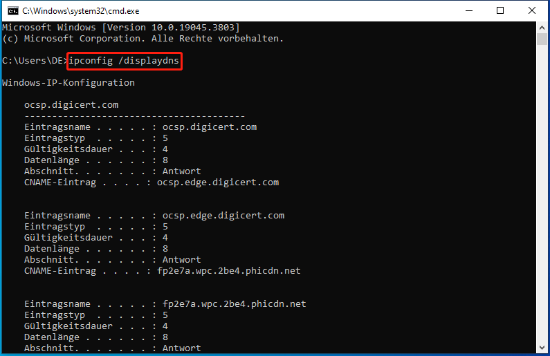 ipconfig /displaydns eingeben