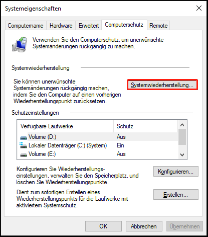Klicken Sie auf Systemwiederherstellung