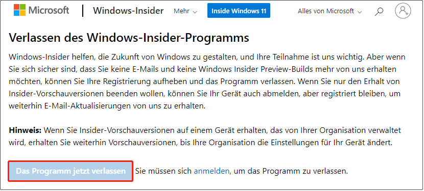 Verlassen des Windows-Insider-Programms