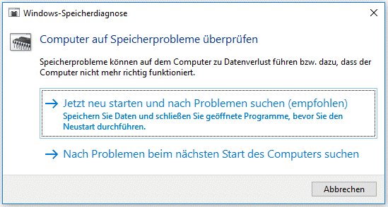 Wählen Sie Jetzt neu starten und nach Probleme suchen