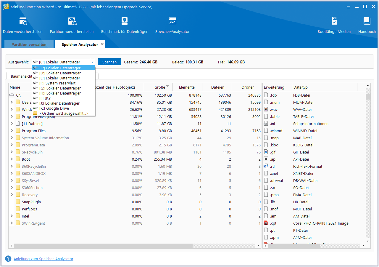 Wählen Sie eine Partition zum Analysieren des Speicherplatzes