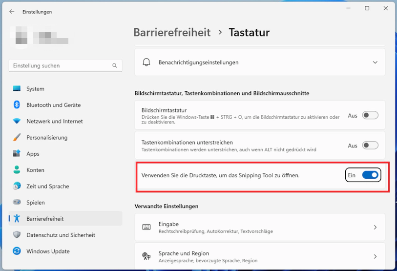 Deaktivieren Sie die Option Verwenden Sie die Drucktaste, um das Snipping Tool zu öffnen.