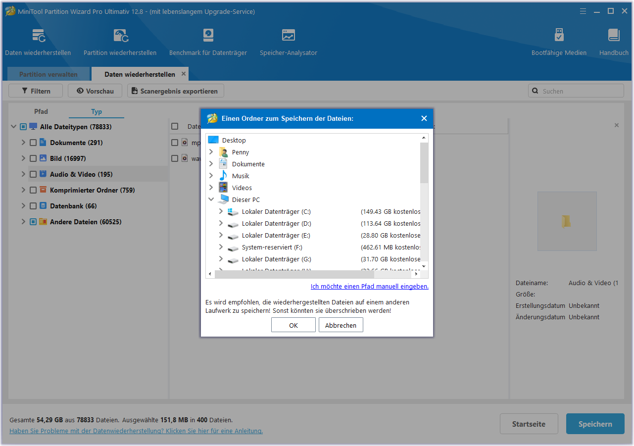 Wählen Sie einen Ort zum Speichern der wiederhergestellten Dateien