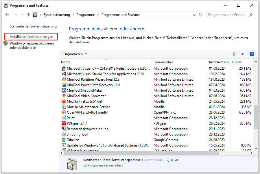 Klicken Sie auf Installierte Updates anzeigen.