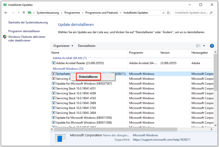 Wählen Sie ein Update aus und klicken Sie auf Deinstallieren