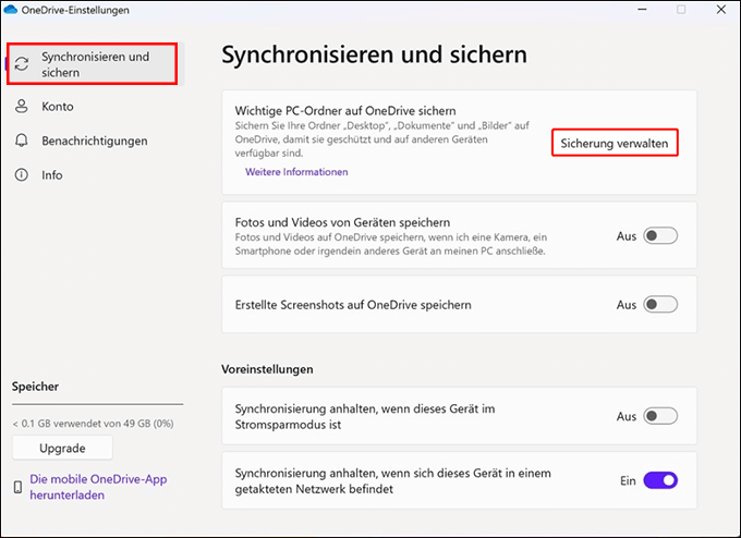 Klicken Sie auf die Option Sicherung verwalten