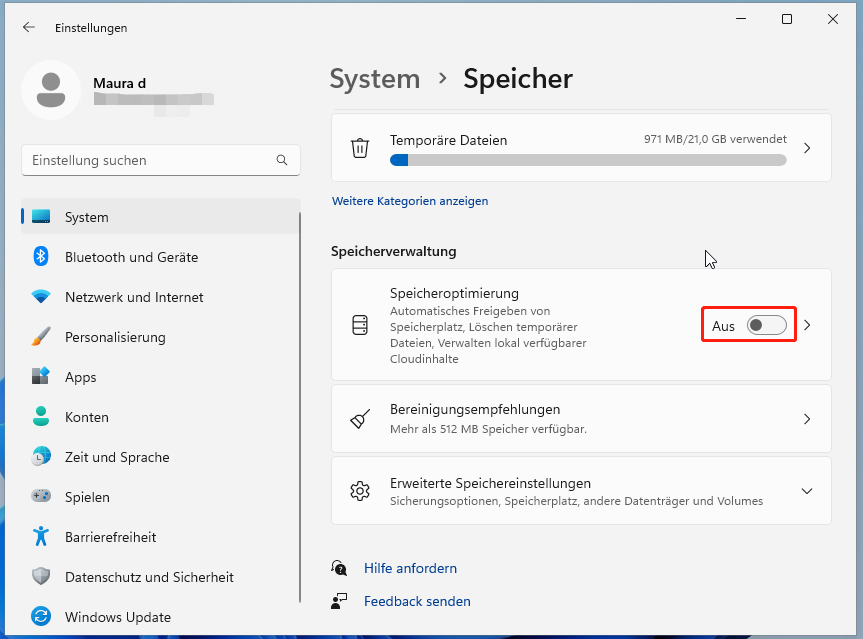 Speicheroptimierung deaktivieren