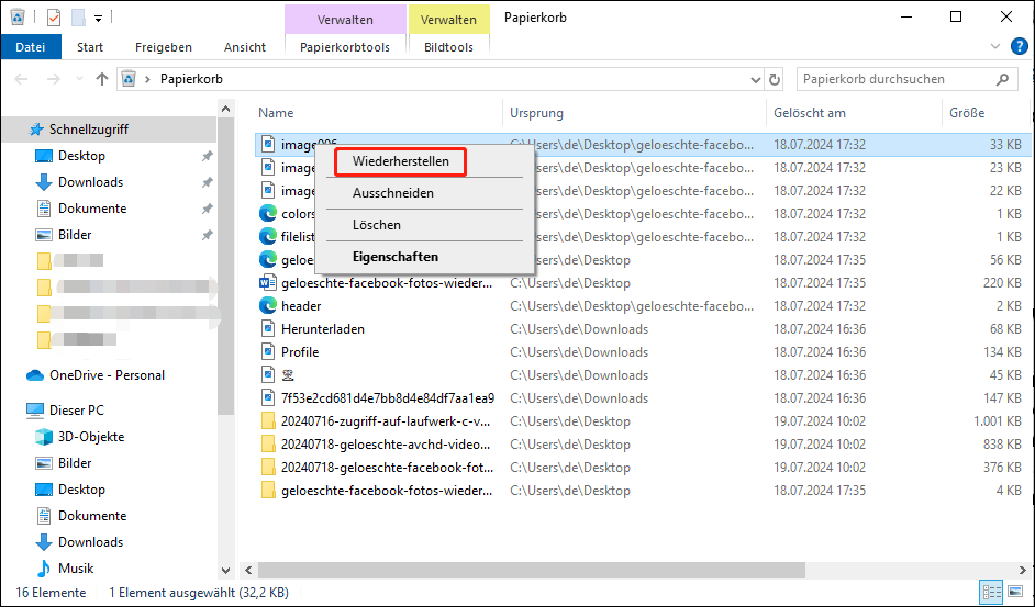 Wählen Sie im Kontextmenü wiederherstellen
