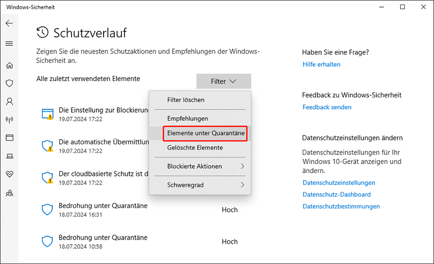 Wählen Sie Elemente unter Quarantäne aus