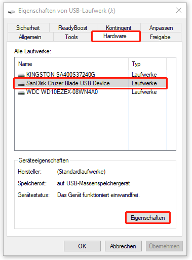 USB-Laufwerk Eigenschaften