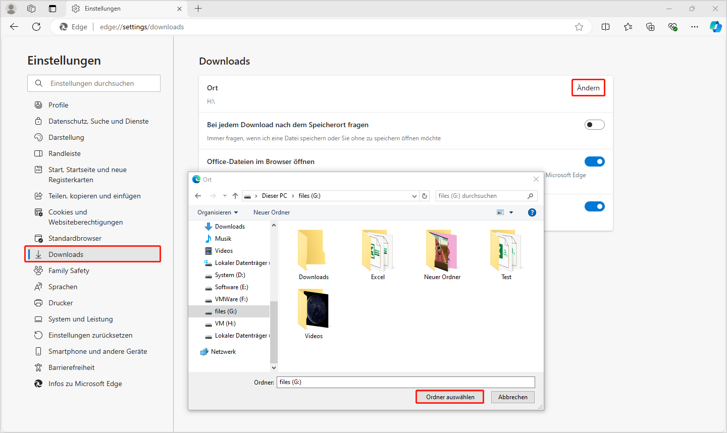 Ort für den Downloads-Ordner in Edge ändern