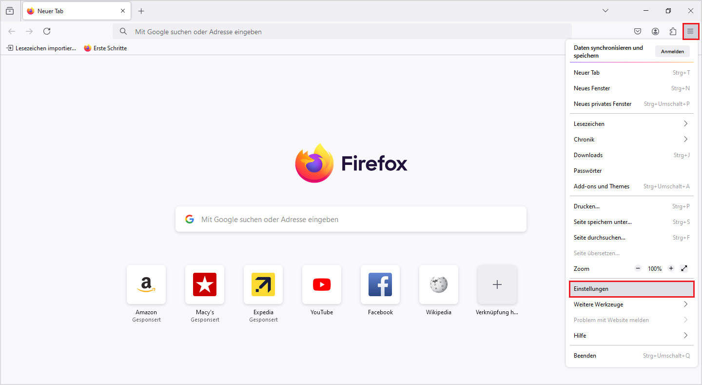 Einstellungen von Firefox