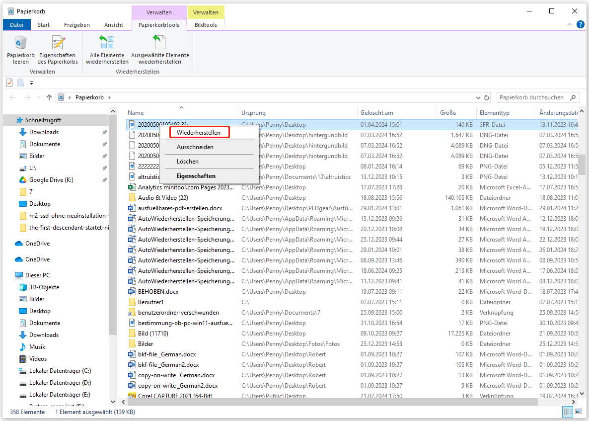Gelöschte Dateien aus dem Papierkorb wiederherstellen