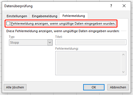 Fehlermeldung deaktivieren