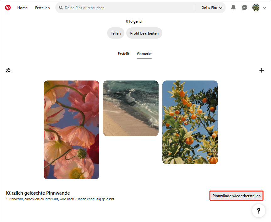 Auf die Schaltfläche Pinnwände wiederherstellen klicken