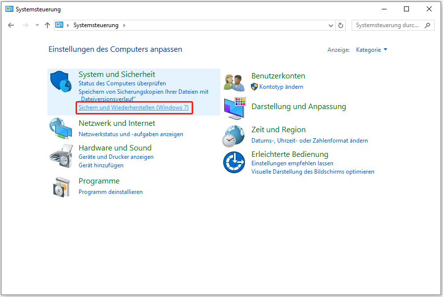 Wählen Sie Sichern und Wiederherstellen (Windows 7)