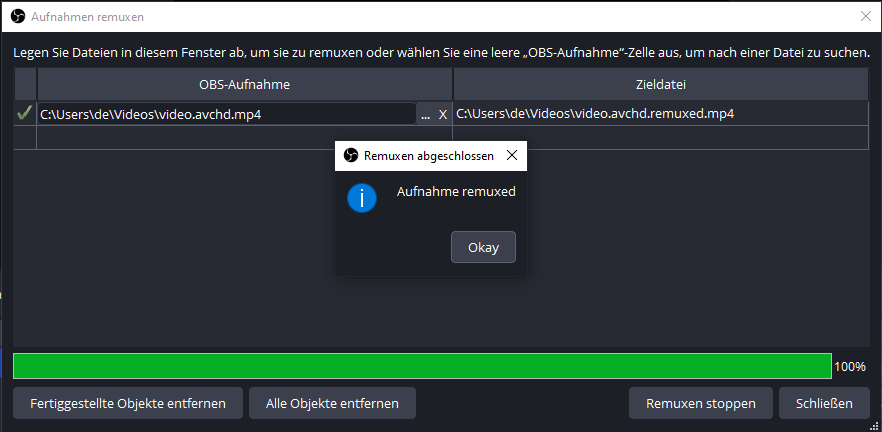 Der Remux-Vorgang ist abgeschlossen