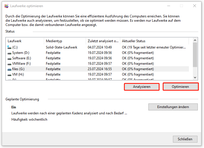 Laufwerk analysieren und optimieren